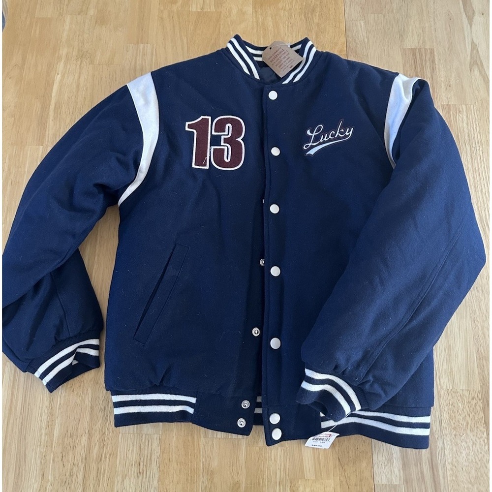 Vtg Y2K Lucky Brand Letterman's "Lucky 13"Reversible Blue Jacket Size Youth L